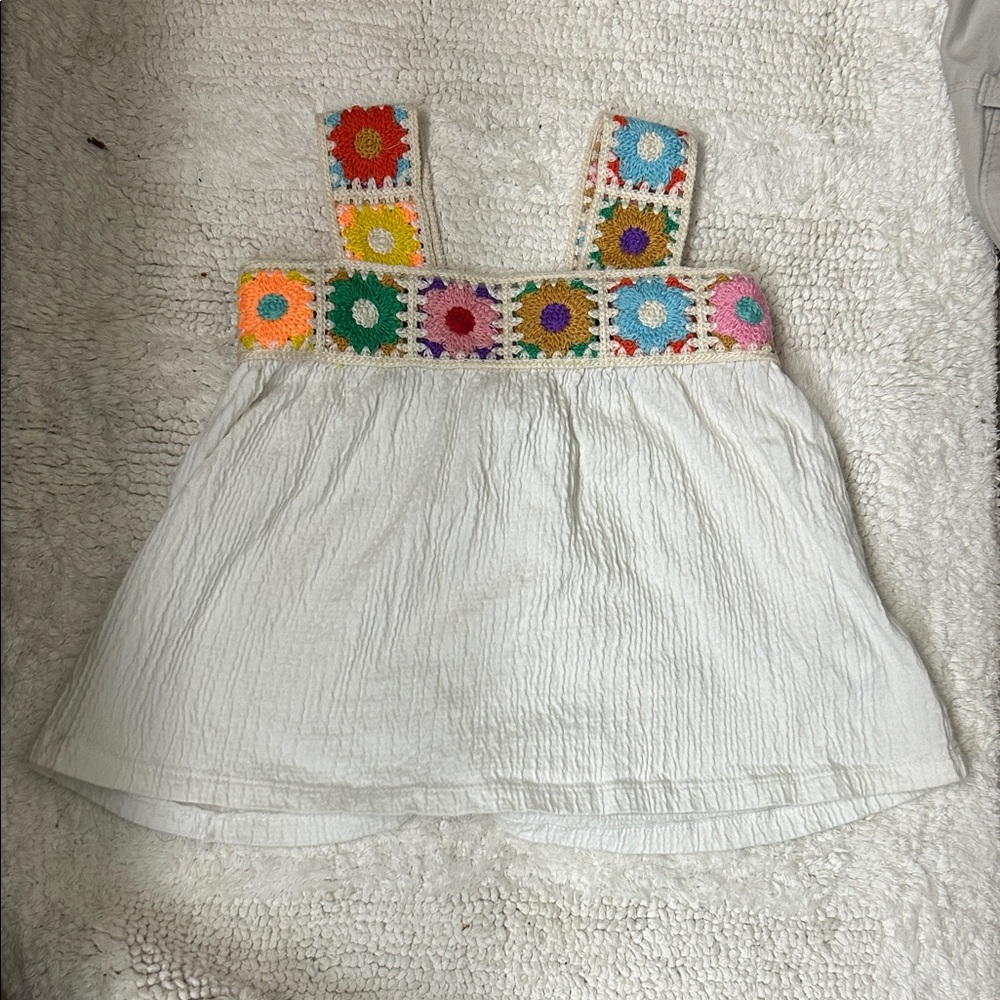ZARA White Textured Tank Top with Colorful Crochet Flower Trim